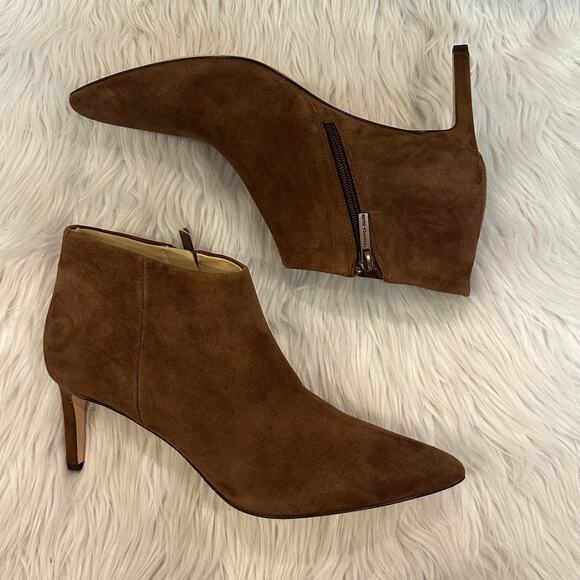 Veronica Beard Leone Pointed Toe Booties Suede Stiletto Heeled Ankle Boots Brown - Picture 8 of 11